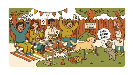 Fototapeta premium Dog Talent Show Joy: A vibrant scene unfolds at a dog talent show, with excited judges holding up scorecards and an agile golden retriever leaping over an obstacle.