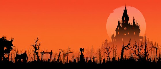 Obraz premium Detailed haunted mansion silhouette in a desolate graveyard under a giant moon, dark spooky trees, eerie atmosphere, perfect for halloween theme