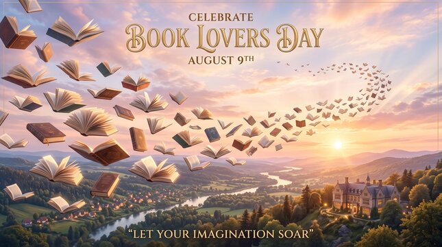 Books flying through a sunset sky over a landscape for Book Lovers Day let imagination soar