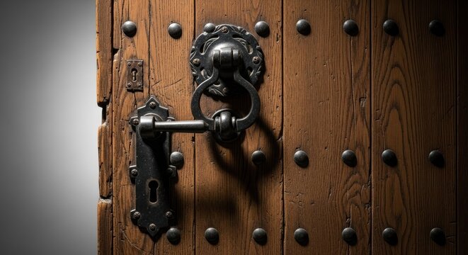 Close up of a weathered wooden door with ornate metal hardware detail