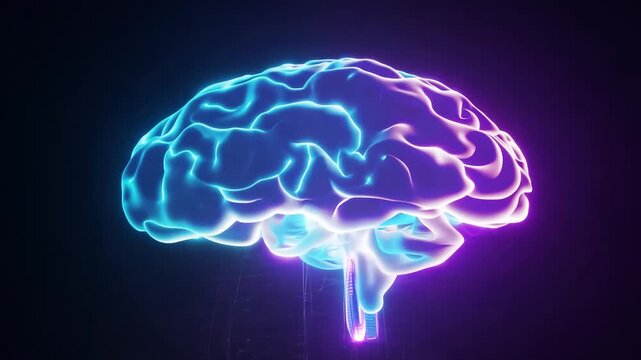 Colorful glowing brain illustration with vibrant blue and purple neon lights, showcasing intricate details and textures against a dark background