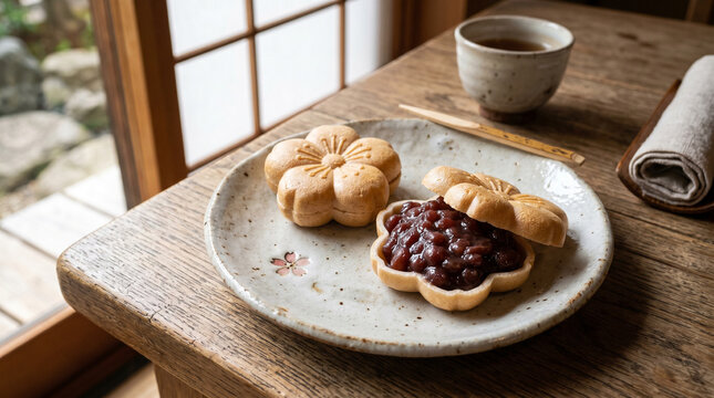Monaka, Japanese crispy wafer sweets filled with sweet red bean paste on ceramic plate