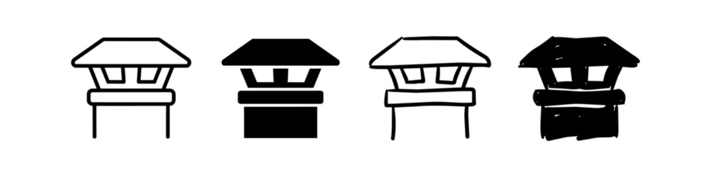 Vector icon set of chimney cowls or roof vents in four styles: line art, solid, hand-drawn outline, and hand-drawn solid. Ideal for home maintenance, HVAC, and architectural designs.