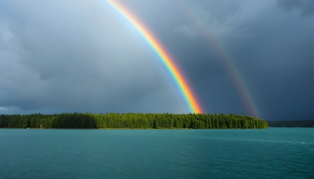 A vibrant double rainbow arcs over a serene lake with a lush green forest island under a dramatic cloudy sky with shades of blue and gray
