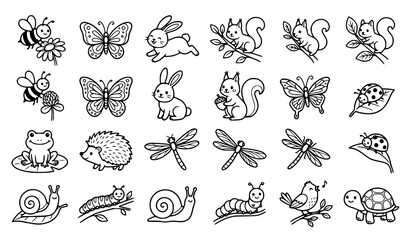 Black and White Animal and Insect Outline Coloring Vector Set for Children Activities © Emdadul