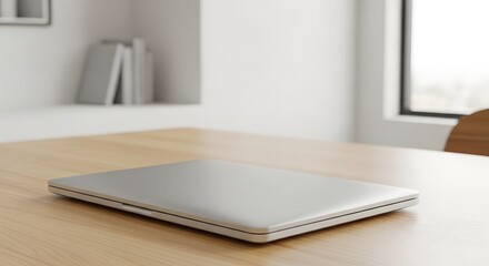 Fototapeta premium Closed modern laptop resting on a light wooden table in a bright, minimalist room, ready for work or study.