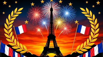 Spectacular Bastille Day fireworks illuminate the Eiffel Tower in Paris
