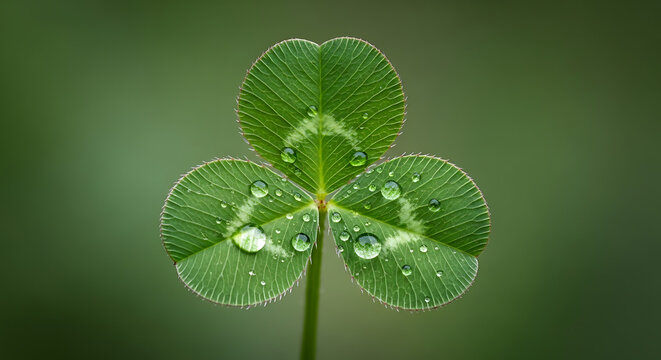 Close up of a green three leaf clover with fresh morning water droplets against a blurry background