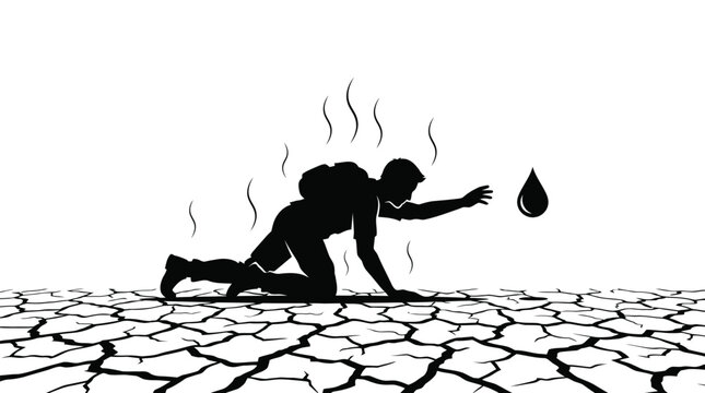 Black silhouette of a thirsty man reaching for a single water drop in dry desert