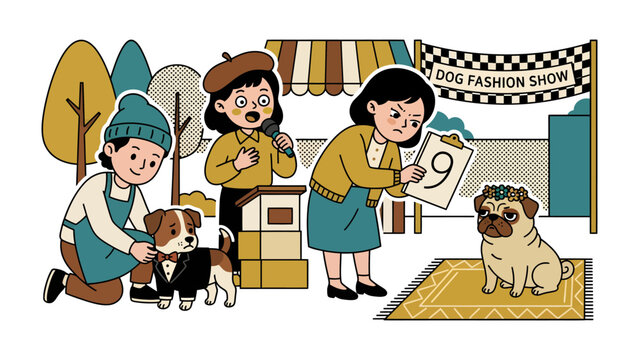 Dog Fashion Show Scene: An animated illustration depicts a charming dog fashion show, complete with stylishly dressed pups, eager participants, and a discerning judge.