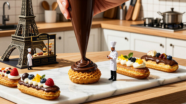 Miniature Chef Decorating Gourmet Chocolate Eclairs in Kitchen