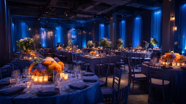 Elegant wedding reception with blue uplighting and floral centerpieces.