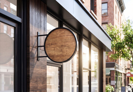 Black and wooden circular empty blank storefront signage Mockup. Generative ai