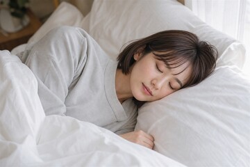 Obraz premium 明るい寝室で寝起きにくつろぐ白いパジャマの女性