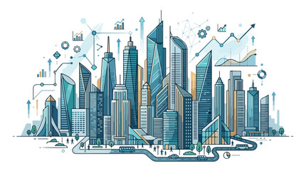 Fototapeta premium Modern city skyline illustration with data visualization elements.