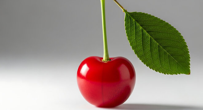 Single fresh red cherry with green stem and leaf on light background
