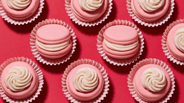 Top view of pink macarons with white cream filling arranged in a pattern on a vibrant red background, studio shot of delicious french cookies