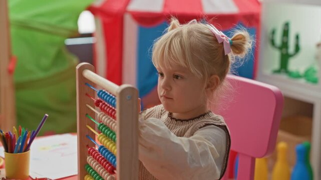 Little blonde girl uses a wooden abacus, fingers moving as she sits at a colorful play table in a building; calm focus.