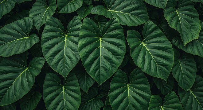 Lush tropical background of dense large green heart shaped leaves