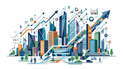 Fototapeta premium Modern Cityscape with Financial Growth Charts and Economic Indicators.