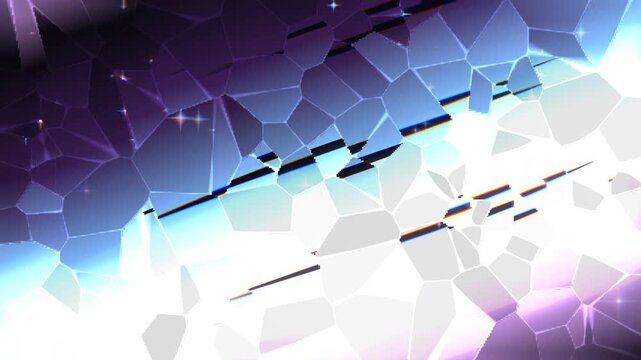 Abstract Mosaic Glow: A dazzling abstract mosaic pattern of shattered glass-like fragments illuminated with a vibrant gradient of purple, blue, and white light.