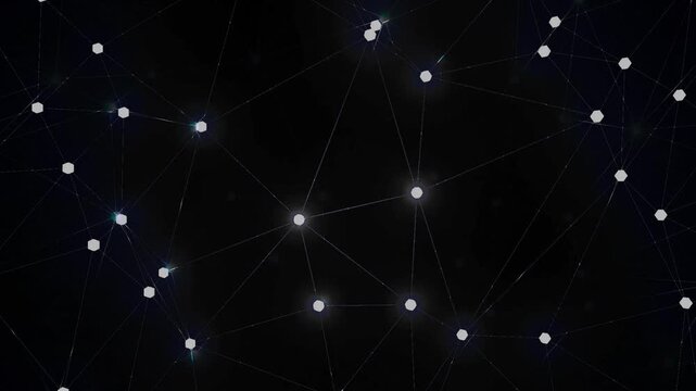 Abstract black plexus background with glowing hexagonal nodes and digital lines
