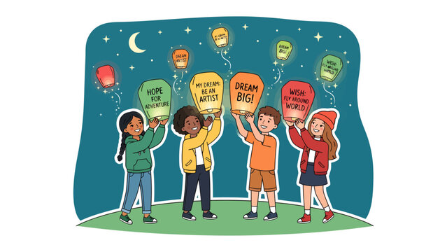Children Releasing Sky Lanterns with Wishes: A diverse group of children, each holding a sky lantern inscribed with a hopeful message, release them into the night sky under a crescent moon.