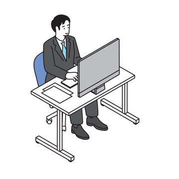オフィスのデスクでパソコン作業をするスーツ姿の男性のイラスト　アイソメトリック・ビジネス