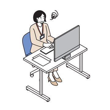 社員証をつけた中高年女性がパソコン作業中に困惑するイラスト　アイソメトリック・管理職・ストレス