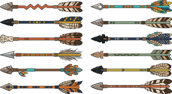 Native American Tribal Arrow Vector Collection with Feathered Hunting Spears Indigenous Weapon Designs Primitive Archery and Ethnic Decorative Elements