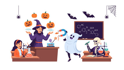 Fototapeta premium Spooky Science Class: A witch and a playful ghost conduct a Halloween-themed science experiment in a classroom filled with pumpkins, bats, and spooky decorations.