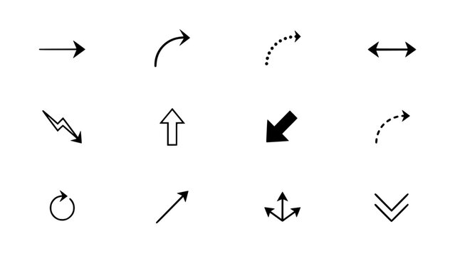Arrow Icons in Grid Layout with Various Directions and Styles on a Clean White Background for Digital Ui Concept Design