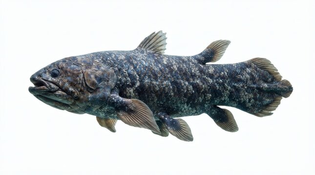 Prehistoric coelacanth fish living fossil species isolated on a clean white background