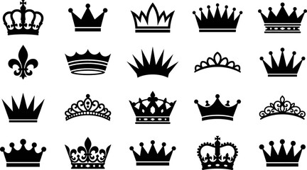 Crown icon vector set. Royal crowns silhouette collection for luxury logo design, king, queen, and princess tiara symbols isolated on white background. © zisun