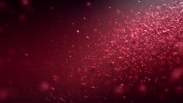Close-up view of numerous small red bubbles rising in a dark liquid.