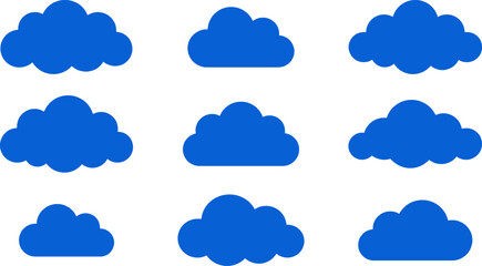 Obraz premium Blue cloud shapes vector set, flat weather and sky cloud silhouettes for website and mobile app UI