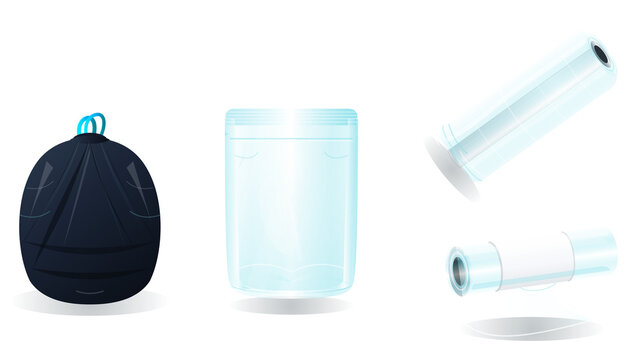 Black trash bag empty clear plastic jar and two rolls of transparent film against a transparent background