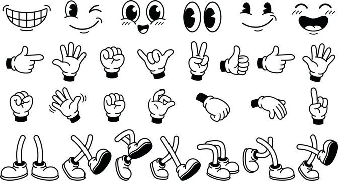 Vintage cartoon mascot creator kit, retro 1930s rubber hose character expressions, hands and legs vector set