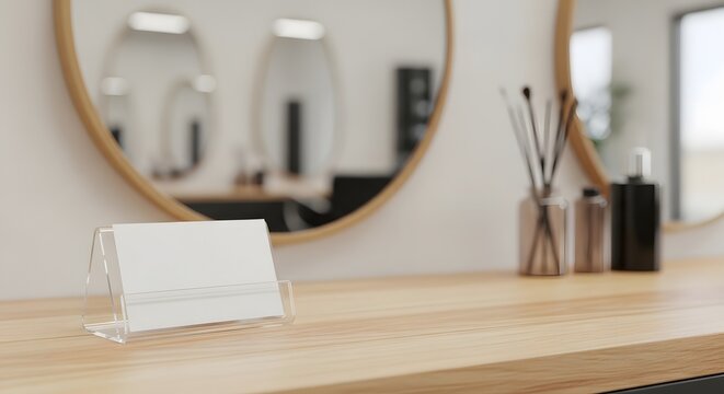 Blank white name card holder on wooden table in modern hair salon with blurred background.