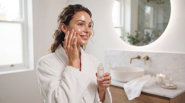 Woman skincare routine radiant bathroom mirror natural light healthy glowing skin beauty self care relaxation