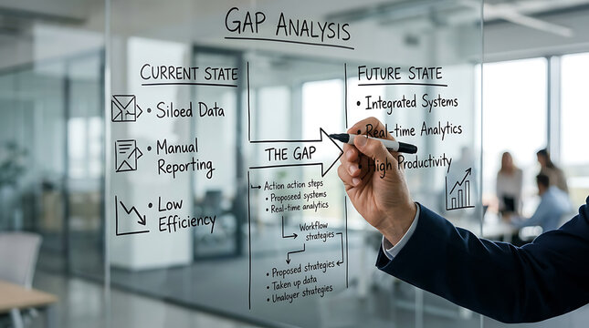 A person's hand writing a detailed gap analysis diagram on a glass board in a modern office setting, illustrating current state, future state, and strategic actions.