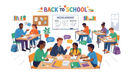 Naklejka premium Diverse Students Engage in Writing Workshop: A vibrant classroom scene depicts a diverse group of students actively participating in a writing workshop.