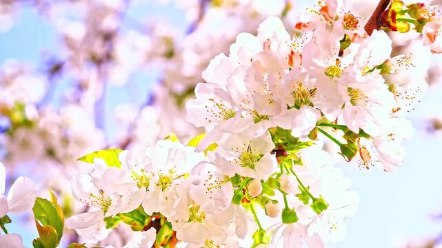 Honey bee pollinating white cherry blossoms on sunny spring morning.