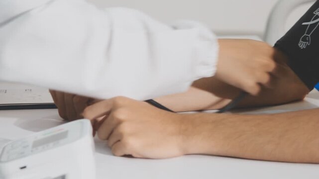 Doctor checks patient's blood pressure with cuff and stethoscope in a medical