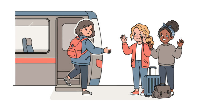 Farewell at the Station: A young girl with a backpack disembarks from a train, greeted by two friends with suitcases, bidding farewell at the station.