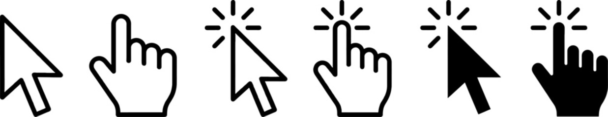 Fototapeta premium Mouse cursor and hand pointer icons set, click arrows and finger clicking symbols isolated on white background
