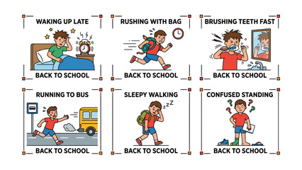 Fototapeta premium Morning Rush: A comic strip illustrating a young boy's chaotic morning routine as he wakes up late, rushes with his bag, brushes his teeth fast, runs to the bus, walks sleepily.