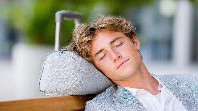 Young man napping against luggage with travel pillow on airport bench, visual for airline delay communications, passenger comfort strategies and transit rest tips