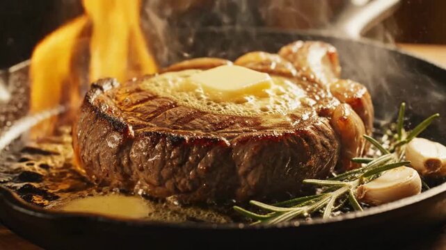 A juicy steak with butter and herbs sizzles on a hot pan with flames