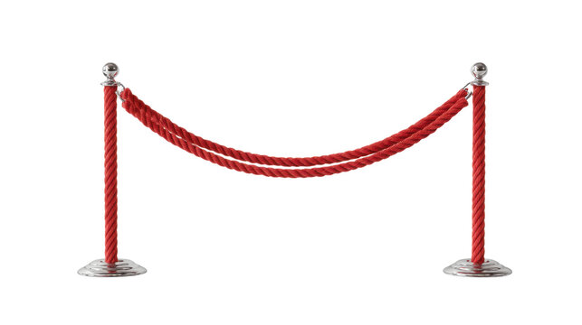 Luxury red velvet rope barrier with chrome stanchions creating elegant crowd control entrance queue divider isolated on white background